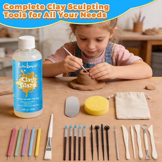 3.4FL OZ Air Dry Clay Glaze & 25pcs Tool Kit, Gloss Clay Varnish Protective - Image 2
