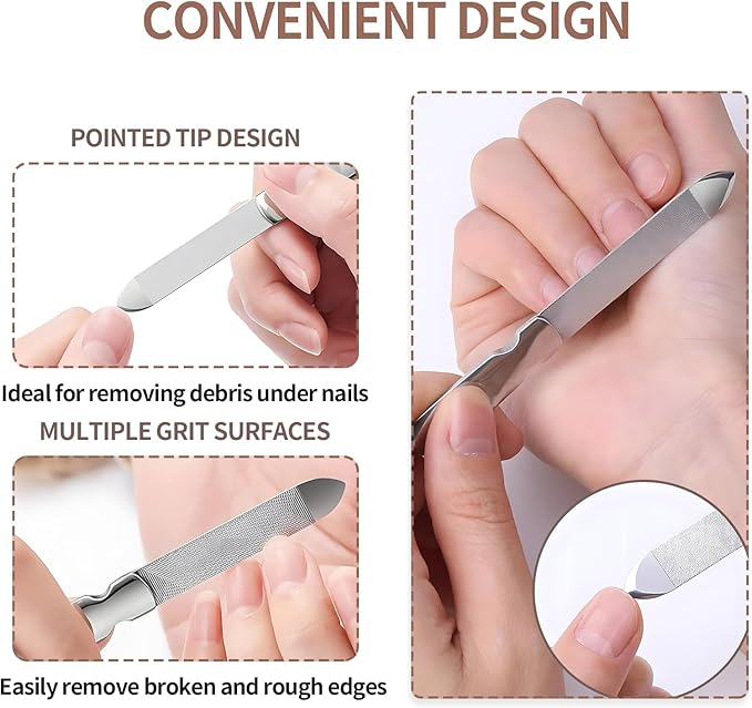 Metal Nail File (2 Pcs), Nail Files for Natural Nails & Toenails, Thick Nails Made of Stainless Steel, Double Sided Metal Nail Files with Anti-Slip Handle for Fingernail Toenail, Home or Salon Use