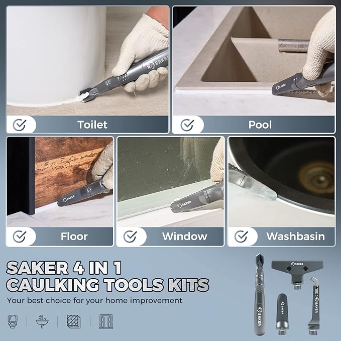 Saker 4 in 1 Caulking Tool Kit-Aluminum Sealant Finishing Tool Grout Remove Scraper Caulk Remover Glass Glue Angle Scraper for Bathroom,Kitchen,Floor,Window,Sink Joint,Frames Seal