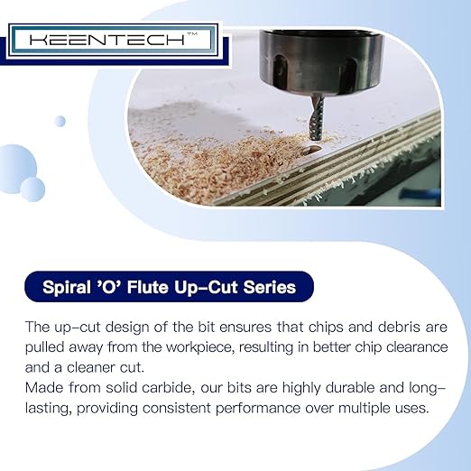KEENTECH 1/2" Shank Upcut O Flute Flat Tip Sprial Router Bit for CNC Router Machine, 1/2" Cutting Diameter, 1-1/8" Cutting Depth, for Wood Cutting, Custom Furniture, Slot Mortise, Engraving, Carving