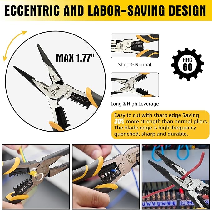 Multi-Function Needle Nose Pliers with Cutting, Stripping, Crimping and Gripping, 9-inch 6-in-1 Cr-V Steel Combination Pliers for Electricians and Homes