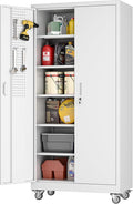 Metal Garage Storage Cabinet with Pegboard, 71''H*32" W*16" D Rolling Tool Cabinets on Wheels with 5 Adjustable Shelves for Garage Home Warehouse Utility Room, Assembly Required,White