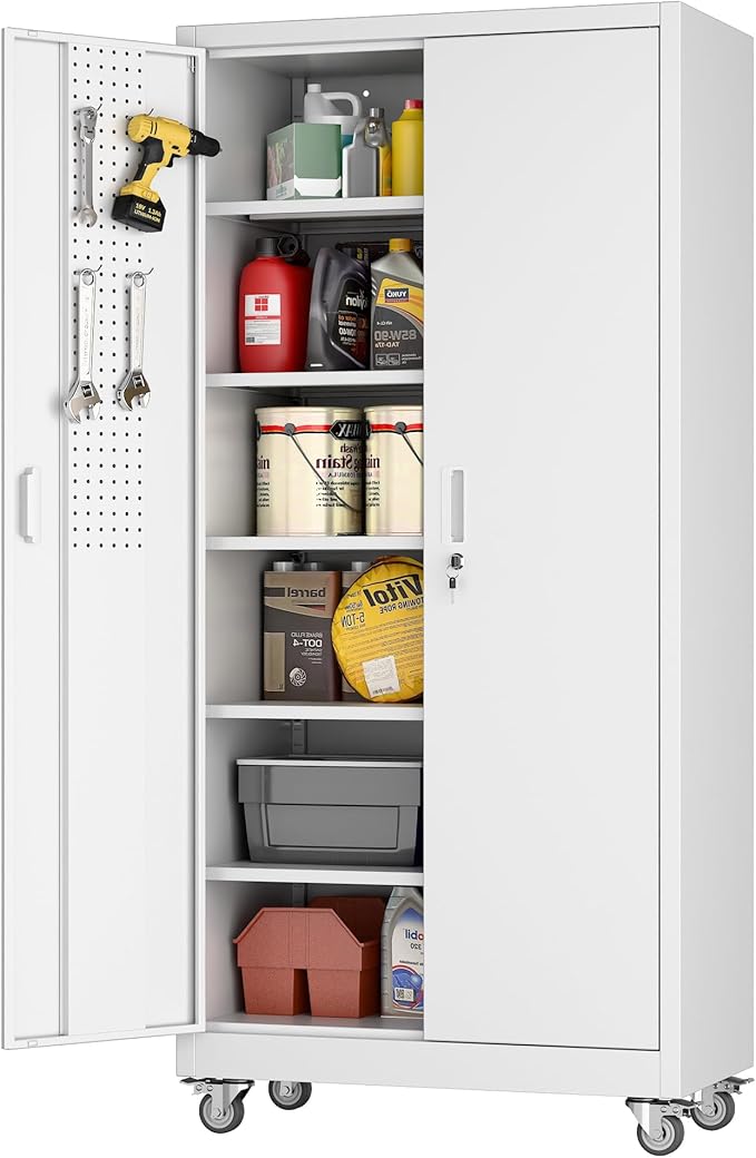 Metal Garage Storage Cabinet with Pegboard, 71''H*32" W*16" D Rolling Tool Cabinets on Wheels with 5 Adjustable Shelves for Garage Home Warehouse Utility Room, Assembly Required,White