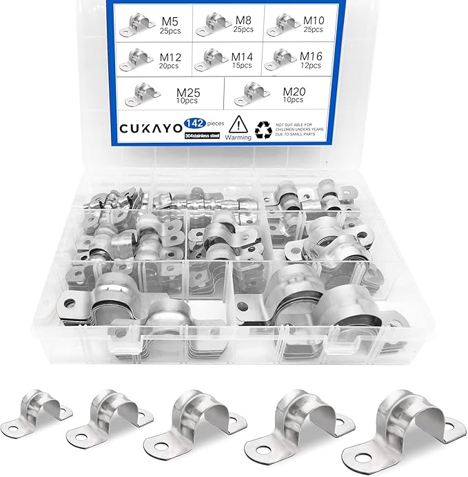 142 Pcs Pipe Strap Clamp Assortment Kit, 304 Stainless Steel 2 Holes Rigid Pipe Strap U Braket Tube Pipe Strap Clamp