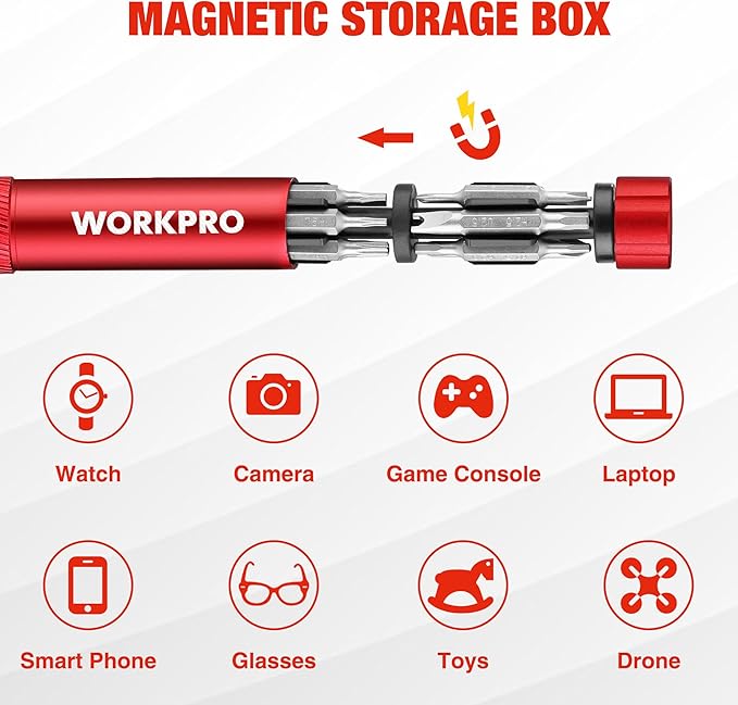 WORKPRO 24 in 1 Multi Bit Mini Screwdriver Set Magnetic, Manual Pen Screwdrivers, Tough S2 Steel Small Screwdriver Bits for Eyeglass, Watch, Laptop, Phone, Jewelry and Electronic, Red