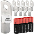 SELTERM 10pcs - 2 Awg - 1/4" Stud - Battery Lugs - Ring Terminal Connectors | with 12pcs 3:1 Black & Red Heat Shrink Tubing with Adhesive | Heavy Duty Battery Cable Ends - Tinned Copper Wire Lugs Kit