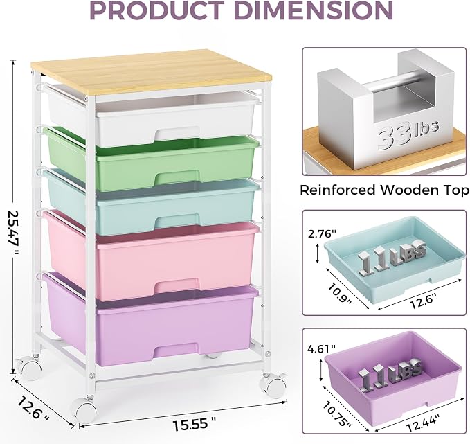SYKIARIOL 5-Tier Rolling Utility Storage Drawer Craft Cart on Wheels - Image 3