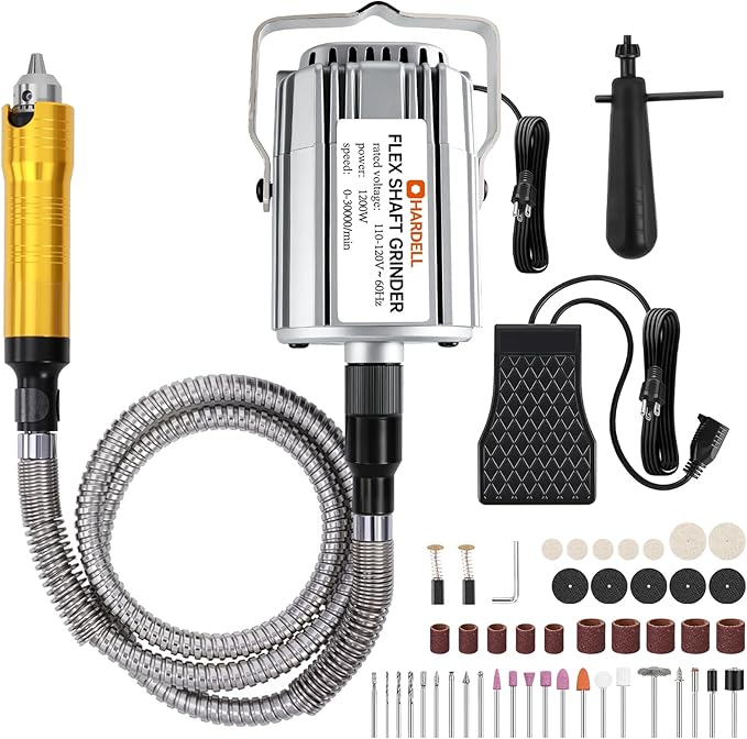 1200W Flex Shaft Grinder, 30000RPM Variable Speed Flex Shaft Rotary Tool Kit, 0-1/4" Universal Chuck Hanging Multi-function tool with 46PCS Accessories for Polishing, Carving, Silver, Wood, Creating