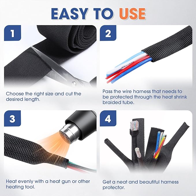 2:1 Heat shrinkable Braided Sleeving Fabric Wire Loom High Temp Heat Shrink Wiring Harness Abrasion Protector Cable Sleeve(3/8"-15ft)