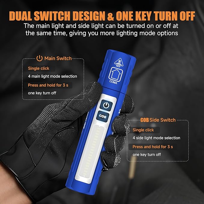 Rechargeable Tactical Flashlights High Lumens - Super Bright Small Powerful LED Magnetic USB C Flashlight, 8 Modes, Dual Button Waterproof Pocket Flash Light for Emergency, Car (1, Blue)