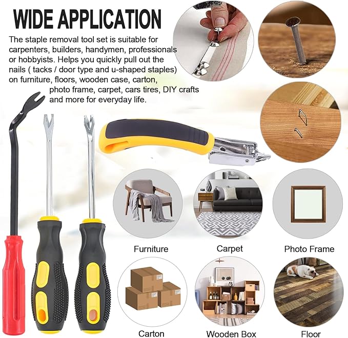 4Pcs Upholstery and Construction Staple Remover with Tack Puller Tool, Nail Puller, Carpet Nail Remover, Heavy Duty Staple Puller Remover, for Furniture Floor Wooden Case Carton Photo Frame
