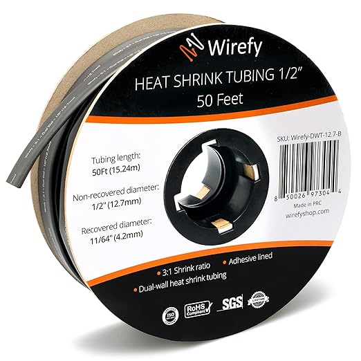 Wirefy 1/2" Heat Shrink Tubing - 3:1 Ratio - Adhesive Lined - a resistant Heat Shrink - Black - 50 Feet Roll
