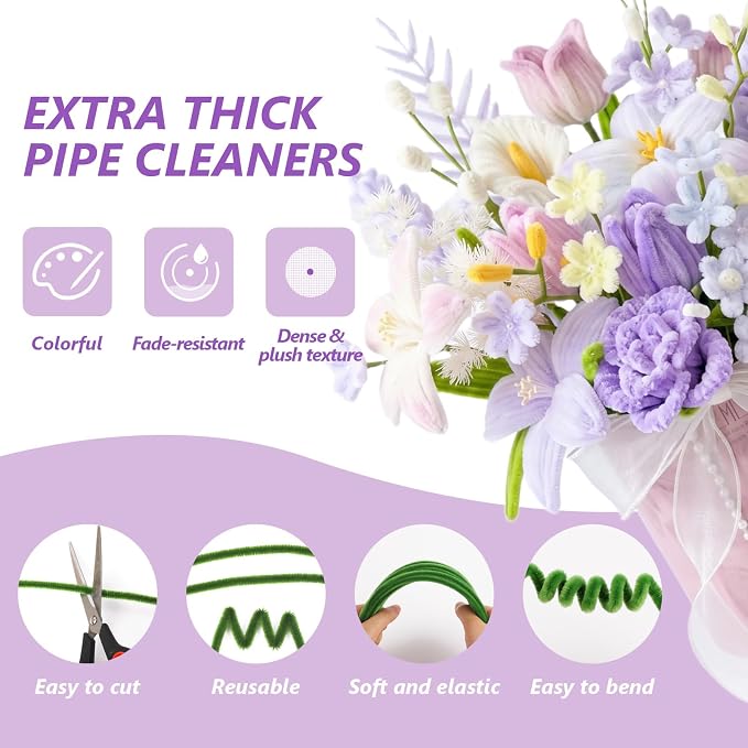 1050 PCS Pipe Cleaner Flower Kit, 15 Assorted Colors Pipe Cleaners Craft - Image 3