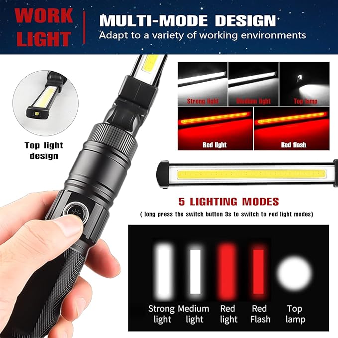 Rechargeable Work Light, 360° Rotate Design, Magnetic LED Work Light Foldable Flashlight,5 Lighting Modes,Mechanic Light, Portable Outdoor Lamp for Car Repair,Camping, Emergency