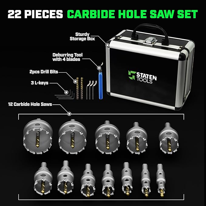 Tungsten Carbide Hole Saw Kit 22 Pcs – Carbide Hole Saw Set 9/16" to 2-1/8" for Metal, Stainless Steel, Wood – Includes 2 Drill Bits, Deburring Tool, 4 Blades, 3 Allen Wrenches – Industrial & DIY Use