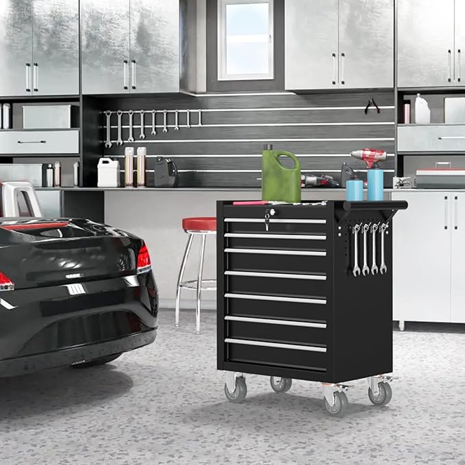 7 Drawers Metal Rolling Tool Chest, Portable Storage Rolling Tool Box, Toolbox on Wheels for Warehouse, Garage, Repair Shop and Tool Room (Black, 7-Drawer)