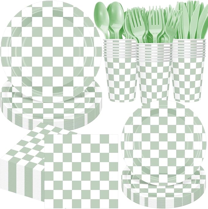 Pickmesh 400 Pcs Sage Green and White Checkered Party Decorations Set Light by Pickmesh
