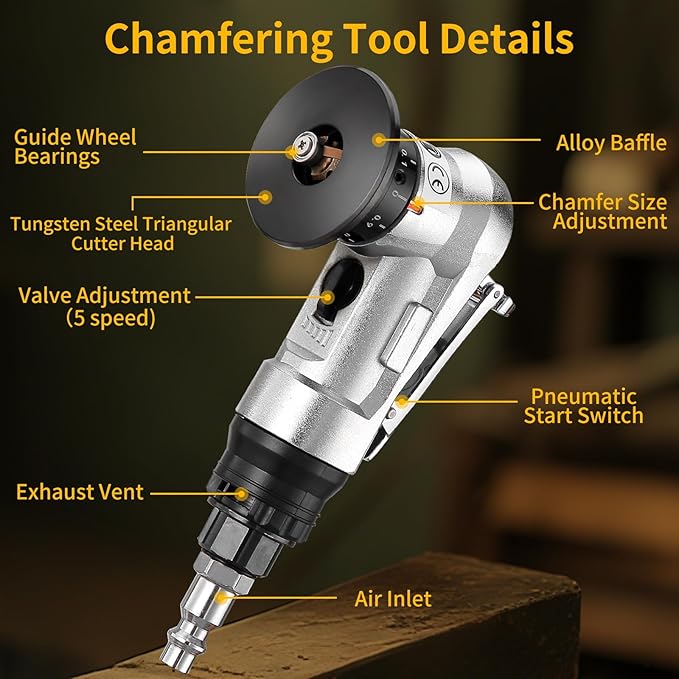 2 in 1 Pneumatic Chamfering Tool- Mini Air Chamfer Tool with Multi-Angle Chamfering Kit,45 Arc Corner Deburring Beveling Chamfer Machine for Metal, Acrylic,Woodworking (Silver)