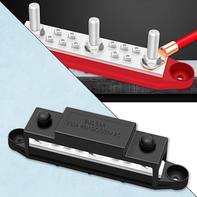 250A Power Distribution Block, 12V Bus Bar Marine 5/16" Stud, Busbars 12 Volt DC Battery Buss Bar, Automotive Busbar Terminal Block with Cover for Car and Boat (Black+Red)