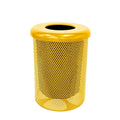 Coated Outdoor Furniture 32-Gallon Heavy-Duty Punched Steel Round Trash Receptacle, Commercial Outdoor Waste Bin with Liner & Black Flat Top Lid – Made in America (Textured Yellow)