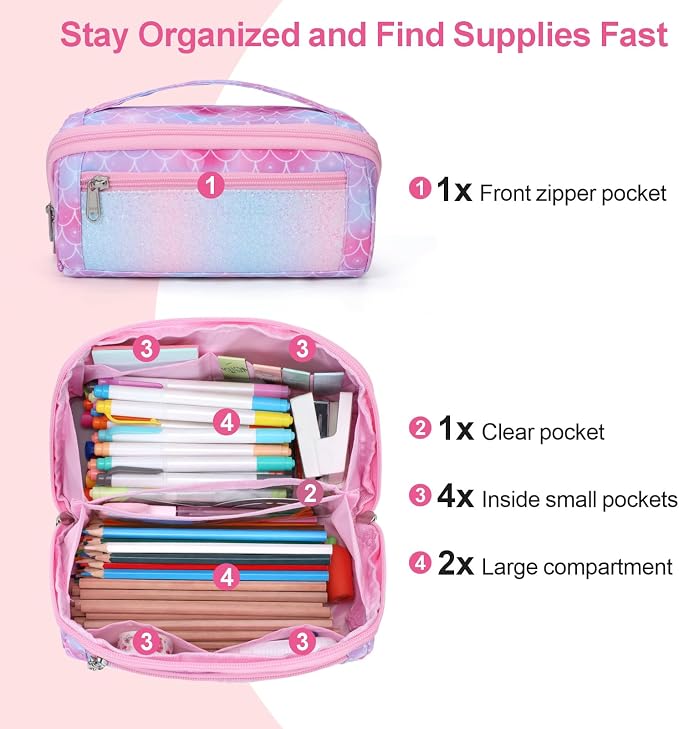 Pencil Case for Girls, Durable Kids Pencil Pouch for School, Wide Opening Soft - Image 4