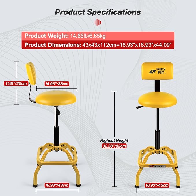 Shop Stool with Backrest, Mechanic Garage Stool for Workshop, Adjustable Shop Stools Chair, Padded Workbench Stools for Men Women, 300 LBS Capacity, 360° Swivel PVC Seat, Heavy Duty, Yellow