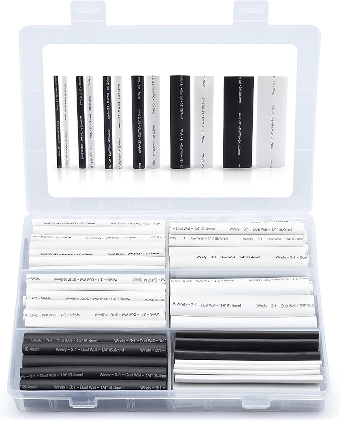 Wirefy | Wire Heat Shrink Tubing Kit - 3:1 Ratio Heat-Shrink Tube - Adhesive Lined Wire Wrap Kit - Electrical Heatshrink Tubes - Waterproof Industrial Tubing | Assortment Black & White - 130PCS