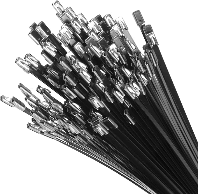 XINGO 26 inch Black Metal Zip Ties Heavy Duty 100 Pack, 304 Stainless Steel Zip Ties, 300lbs Tensile Strength, Multi-Purpose Self-Locking Cable Ties for Exhaust Wrap, Outdoor and Canopy Etc