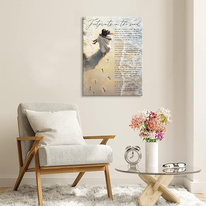 Jesus Holding Woman Wall Art Footprints in the Sand Painting Picture Wall Decor - Image 5