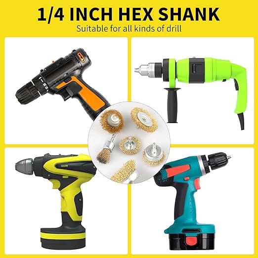 5 Pcs Wire Brush for Drill Set, Brass Wire Wheel for Drill, 1/4 Inch Hex Shank, Wire Brushes for Cleaning Rust for Drill