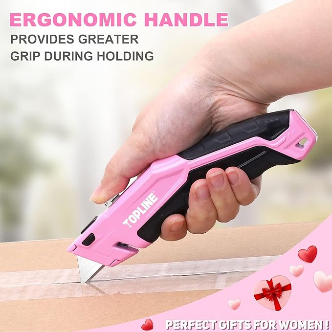 TOPLINE 2-Pack Pink Utility Knife Set, Retractable Pink Box Cutter and Pocket Folding Utility Knife, Blade Storage Design, 18-Piece SK5 Blades and a Dispenser Included