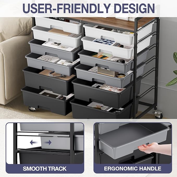 Rolling Storage Cart with 12 Drawers, Wooden Tabletop Utility Cart - Image 5