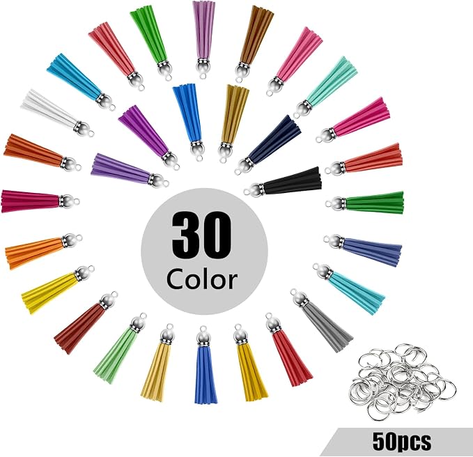 120 Pack Leather Keychain Tassels Charms Silver White Cap Multicolor Tassels - Image 2