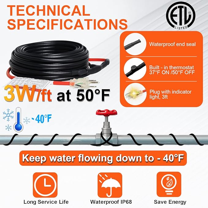 Reliable Heating Cable for Pipe Freeze Protection, Self-Regulating Heat Tape for Water Pipes for Metal and Plastic Home Pipes, Energy-Saving Heat Trace Cable Keeps Water Flowing, 24Ft, 120V