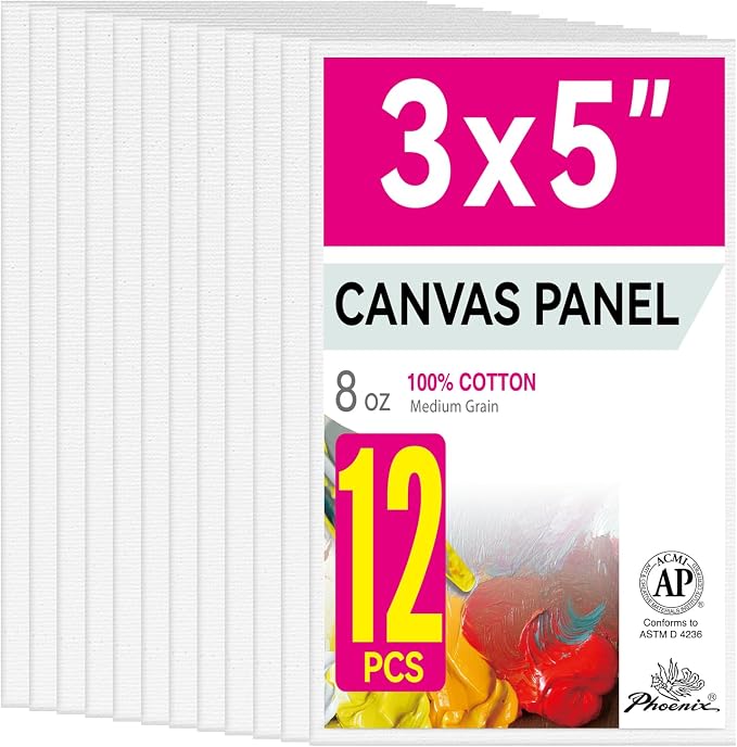 PHOENIX Small Painting Canvas Panels 3x5 Inch, 12 Value Pack - 8 Oz Triple by PHOENIX