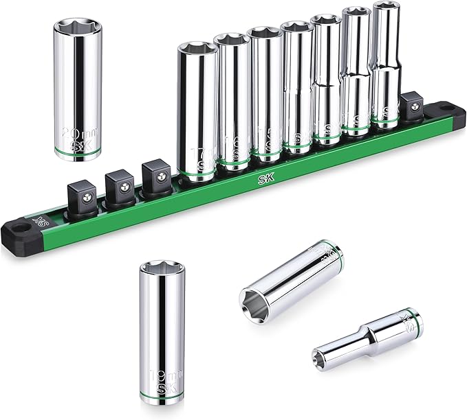 SK 1/2" Drive Socket Set, Deep Metric Sockets, 11-Piece 10-20mm, SuperKrome Finish, Premium CR-V Construction, with Aluminum Socket Organizer