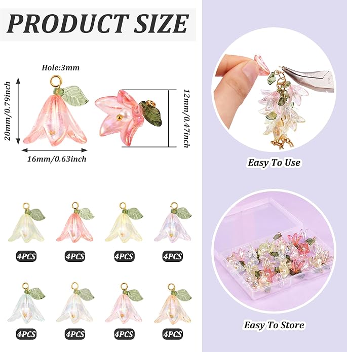 Cheriswelry 32Pcs Acrylic Flower Pendants Lily Floral Plastic Dangle Charms - Image 2