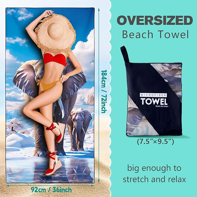 Glacier Elephant Beach Towel Oversized 36" x 72", Thin Lightweight Sand Free Quick Dry Microfiber Towel for Swimming Pool Cruise Camping Travel