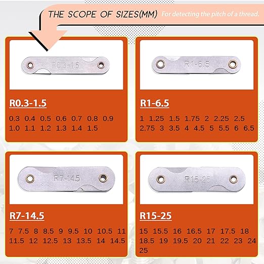 Tanstic 6Pcs Stainless Steel Feeler Gauge and Radius Gauge Set, 5Pcs R0.3-1.5/ R1-6.5/ R7-14.5/ R15-25/ R25-50 Radius Fillet Gauge with 32 Blades 0.04-0.88 mm Metric and Imperial Gap Measuring Tool