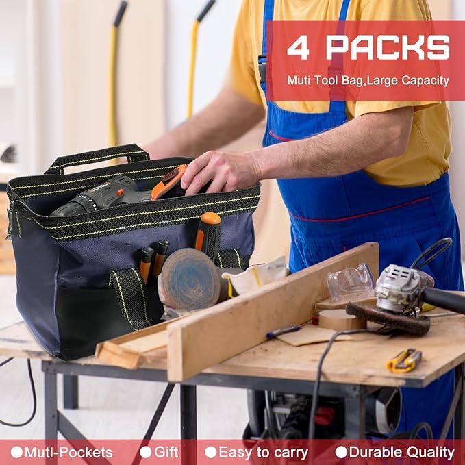 4 Pieces Tool Bag with Waterproof Strong Molded Base Multi Pockets Wide Mouth Tool Tote Multifunctional Tool Bag Large Capacity Organizer Heavy Duty Tool Storage Bag (Multicolor,16 Inch)