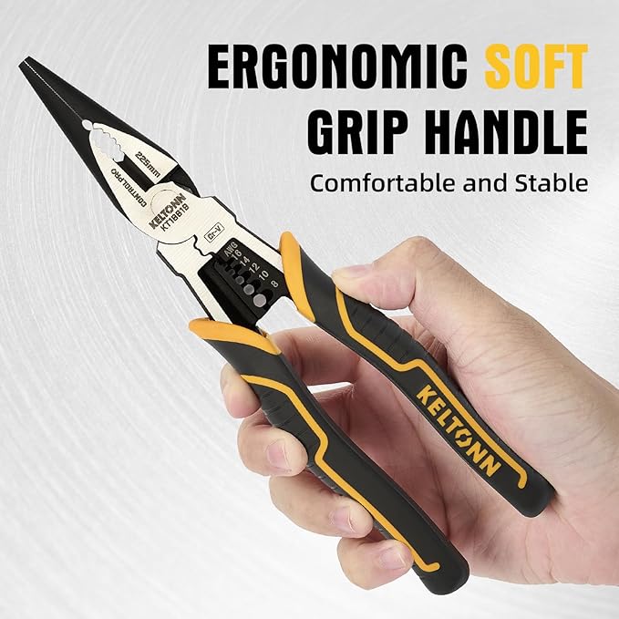 Multi-Function Needle Nose Pliers with Cutting, Stripping, Crimping and Gripping, 9-inch 6-in-1 Cr-V Steel Combination Pliers for Electricians and Homes