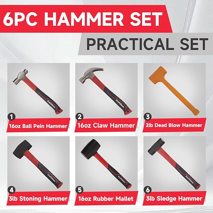 6-Piece Rubber Mallet Hammer Set with 2lb Dead Blow - 3lb Sledge & Stoning - 16oz Ball Pein Claw Hammers | Anti-Vibration Fiberglass Handles for Construction Metalworking Automotive & DIY Projects