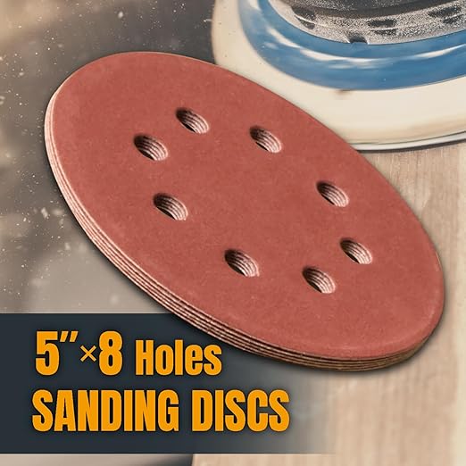 POWERTEC 150PK, 60/80/100/120/150/180/240/320/400/600 Grits, 5 Inch 8 Hole Hook and Loop Sanding Discs, Aluminum Oxide Woodworking Sanding Pads for Random Orbital, Palm, Air & Pneumatic Sander (45054)