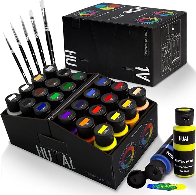 HUAL Acrylic Paint Set With 5 Brushes, 24 Colors by HUALART