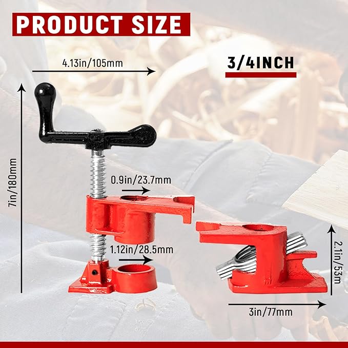 Pipe Clamps 3/4 inch 6 Pack Pipe Clamp with Unique Foot Ideal for Carpentry, Home Improvement, and DIY Projects Wood Gluing Clamps (Red, 3/4 IN)