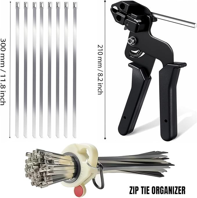 Metal Zip Ties with Stainless Steel Cable Tie Gun, Special Tool For Fastening and Cutting Steel Zip Ties, 100pcs 11.8in Uv Resistant chain link fence Parts For Fence Exhaust Pipe Outdoor