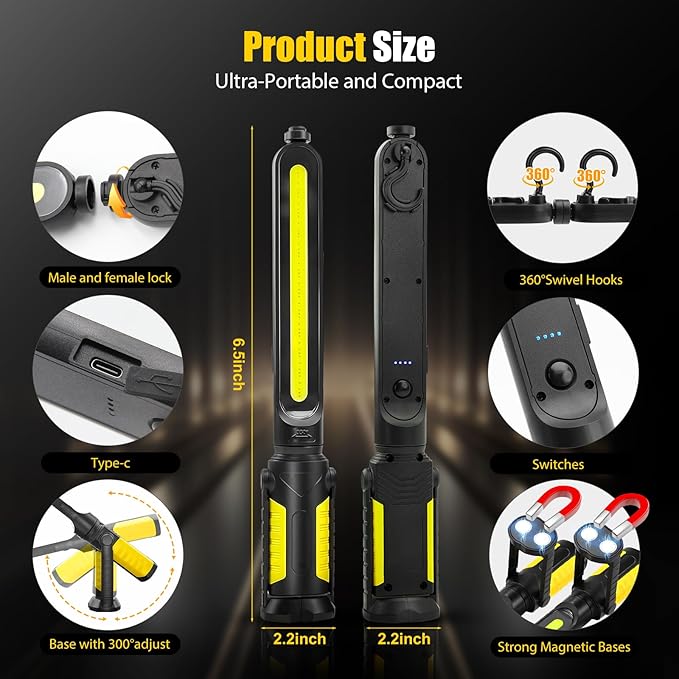 SYLSTAR Work Light for Mechanic, 2400LM LED, 4400mAh Rechargeable, Magnetic, Underhood Work Light with Hooks for Car Repairing, Job site, Garage, Workshop, Emergency(Yellow)
