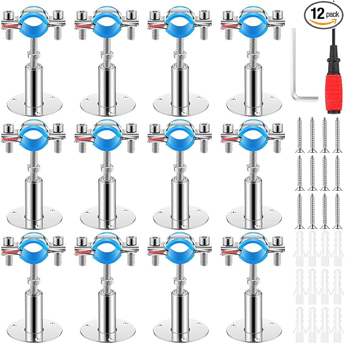 12 Pcs 304 Stainless Steel Wall Mount Ceiling Mount Pipe Supports Bracket, Suitable for OD 3/4"(25-28mm), Adjustable Height 50-100mm, Adjustable Pipe Strap Clamp with Screws and Screwdriver