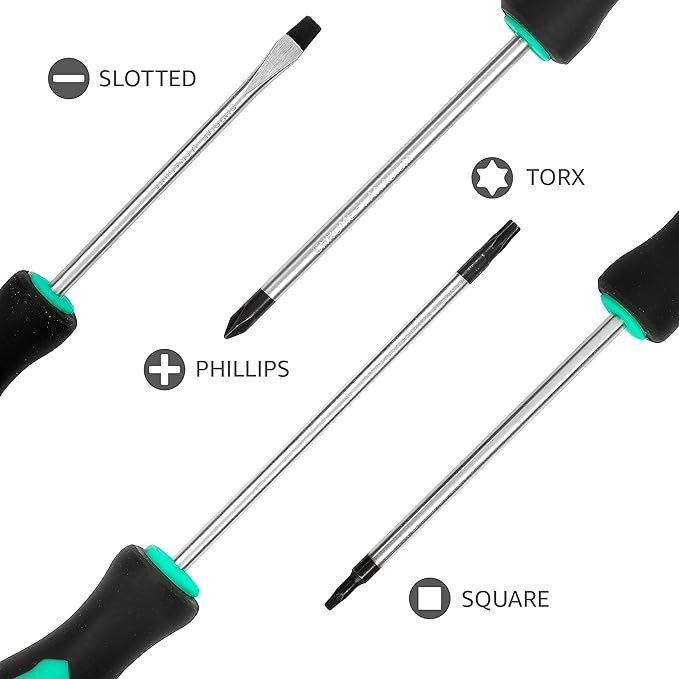 Amazon Basics Magnetic Screwdrivers Set, Includes Phillips, Slotted, Torx, Square, and Stubby Screwdrivers, 12-Piece Hand Tools Set, Turquoise