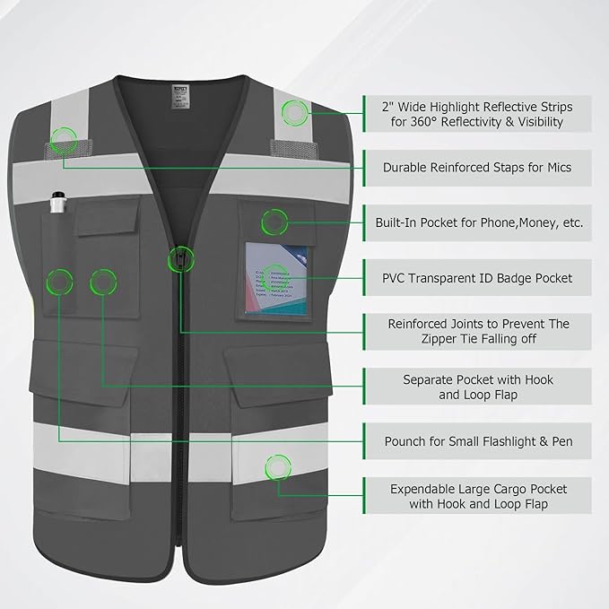 TCCFCCT Hi Vis Vest 5 Pockets High Visibility Reflective Safety Vest for Men Women, Neon Construction Vest with Horizontal Strip for Walkie-talkie and ID Card, Meets ANSI/ISEA Standards, Grey,M